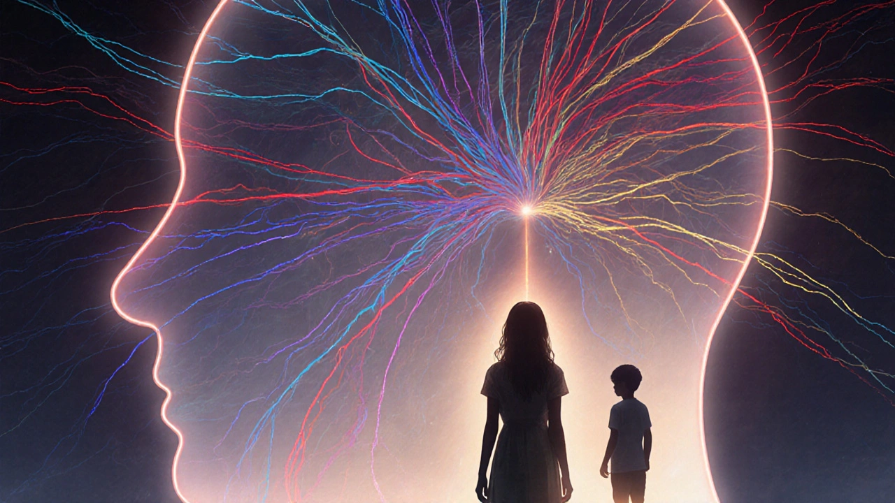 Abstraktní mapa mozku s cestami emocí vedoucími k postavě muže.