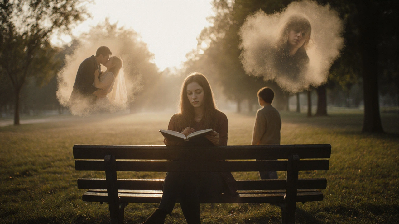 Žena sedí na lavičce, kolem ní se rozplynou snové scény v mlze.