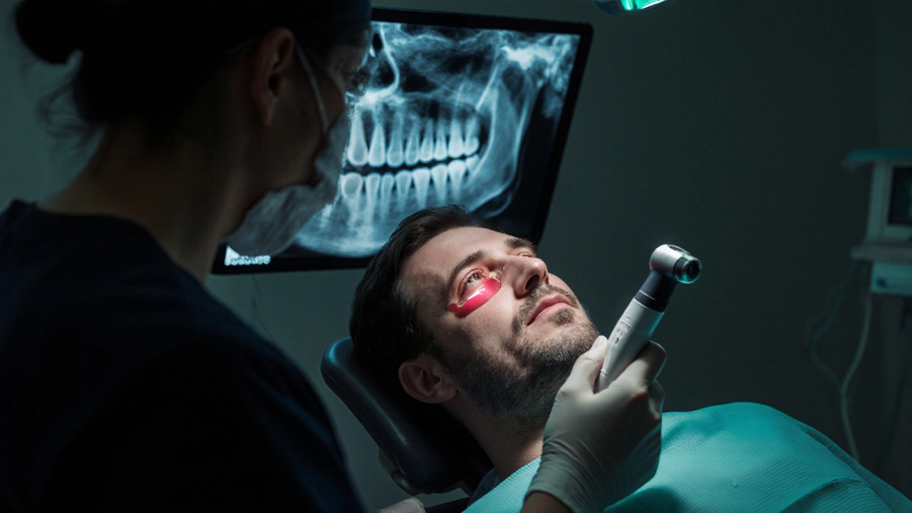 Dentista zkoumá otok kolem implantátu, pacient v bolestném výrazu, viditelný rentgenový náhled.