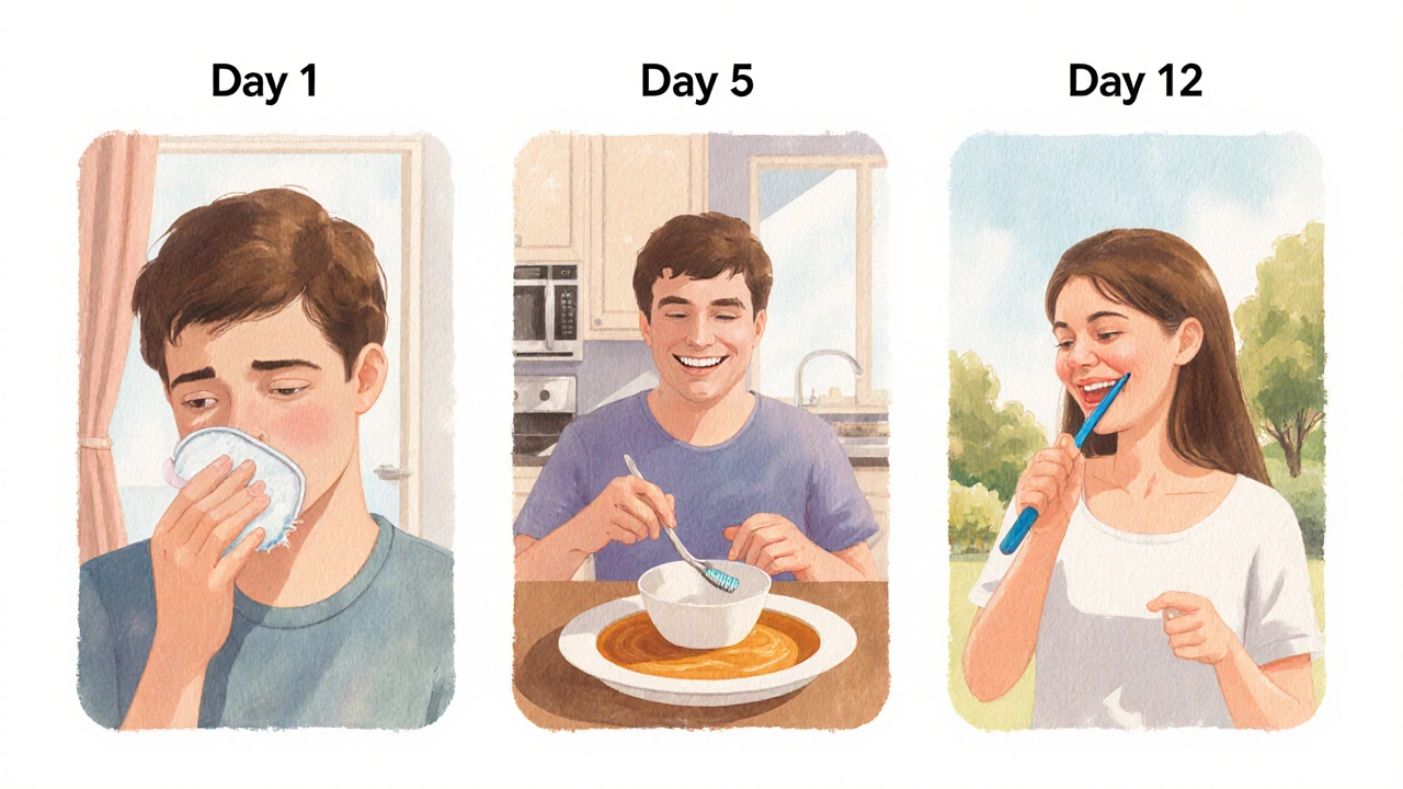 Ilustrace třech fází zotavování: chladný obklad, jídlo z polévky, úsměv při čištění zubů.