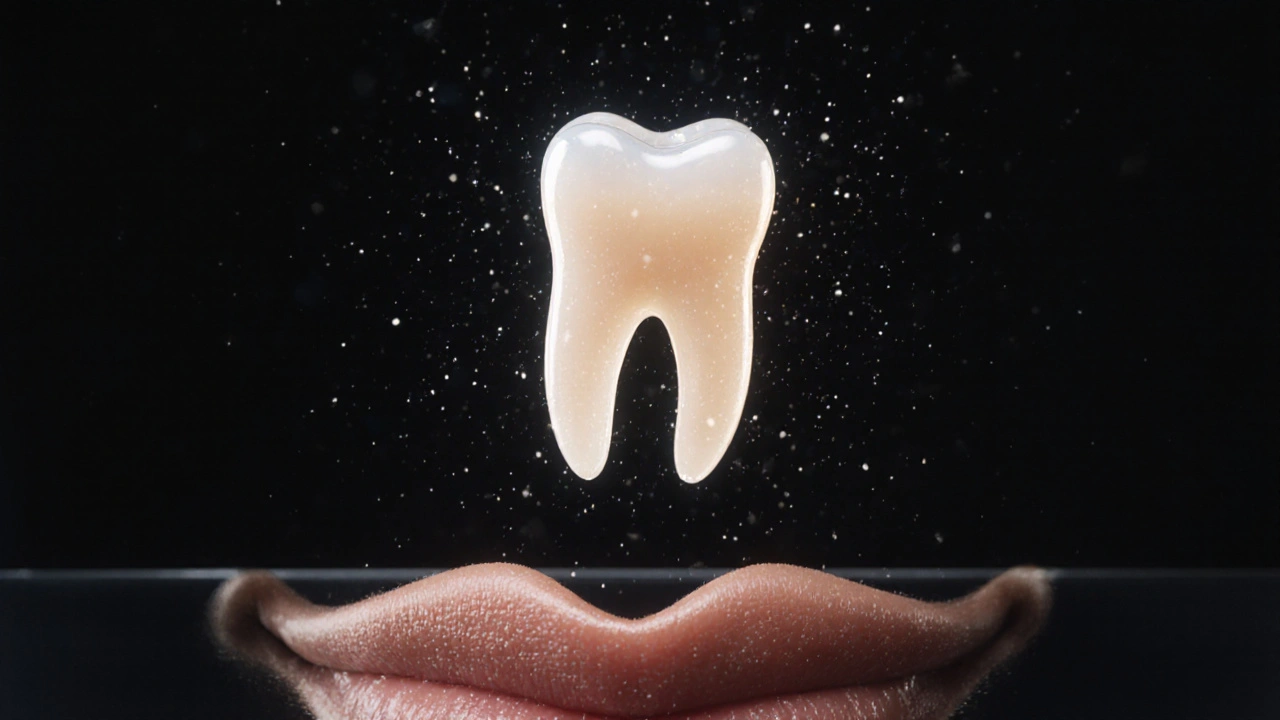 Jeden přirozeně vypadající zub plave nad rty, vytvářející obraz úsměvu.