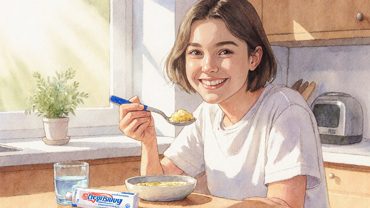 Osoba s úsměvem po broušení zubů, jí měkkou polévku, na stole je pasta na citlivé zuby.
