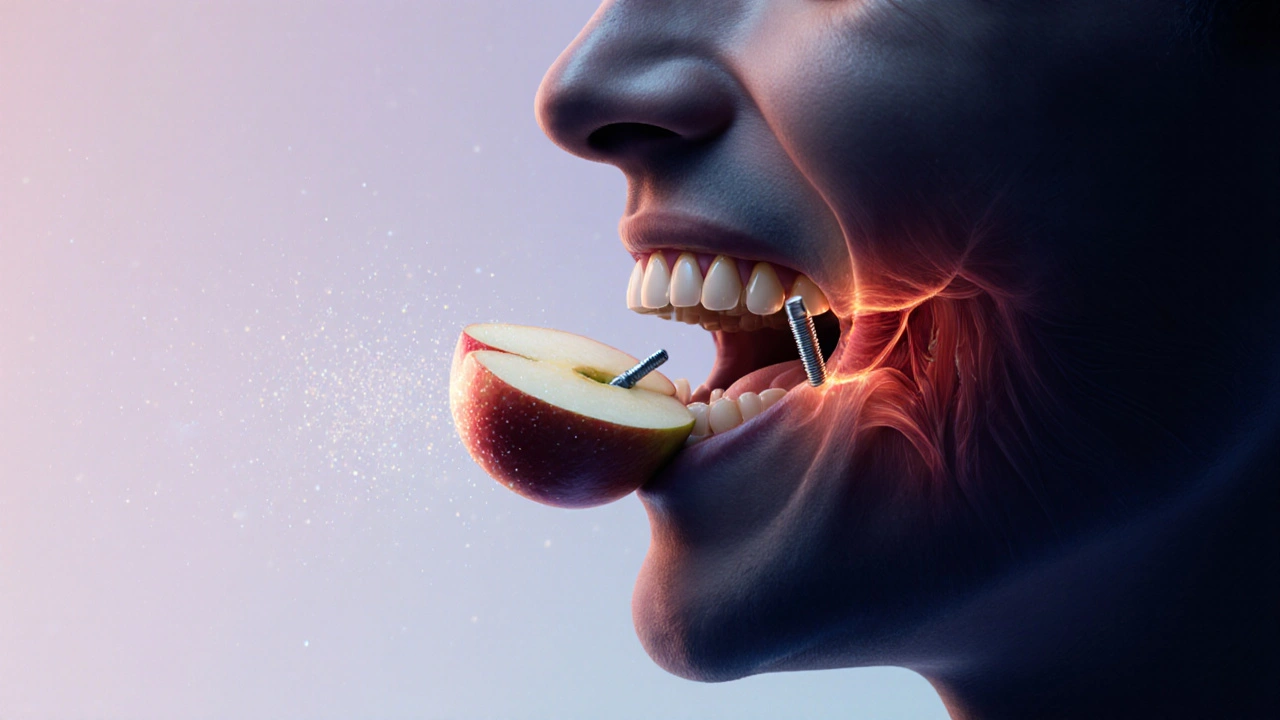 Postranní pohled na muže žvýkajícího jablko, zobrazené implantáty a hormonální částice.