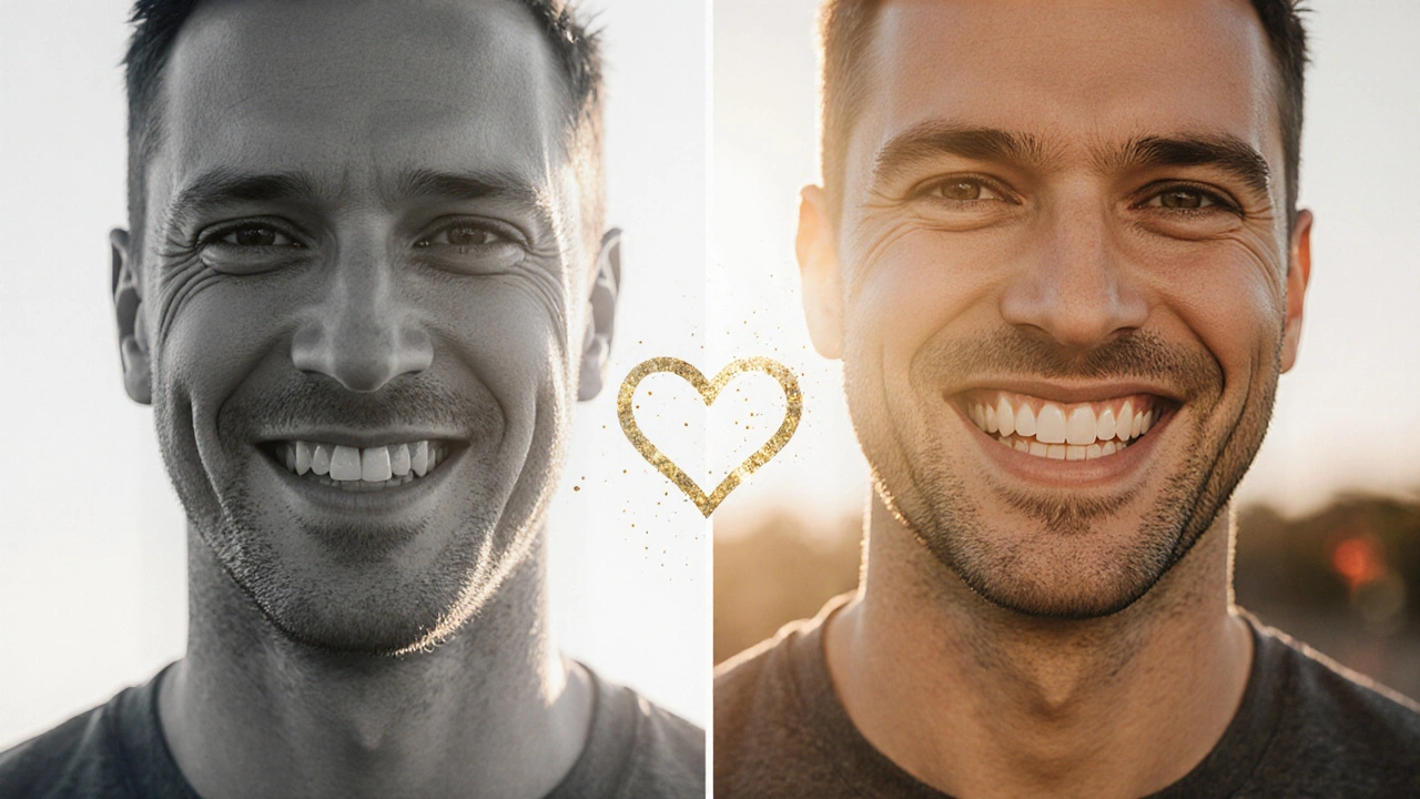 Rozdělený portrét: před a po implantaci, nepravidelný úsměv versus jasný, sebejistý úsměv.