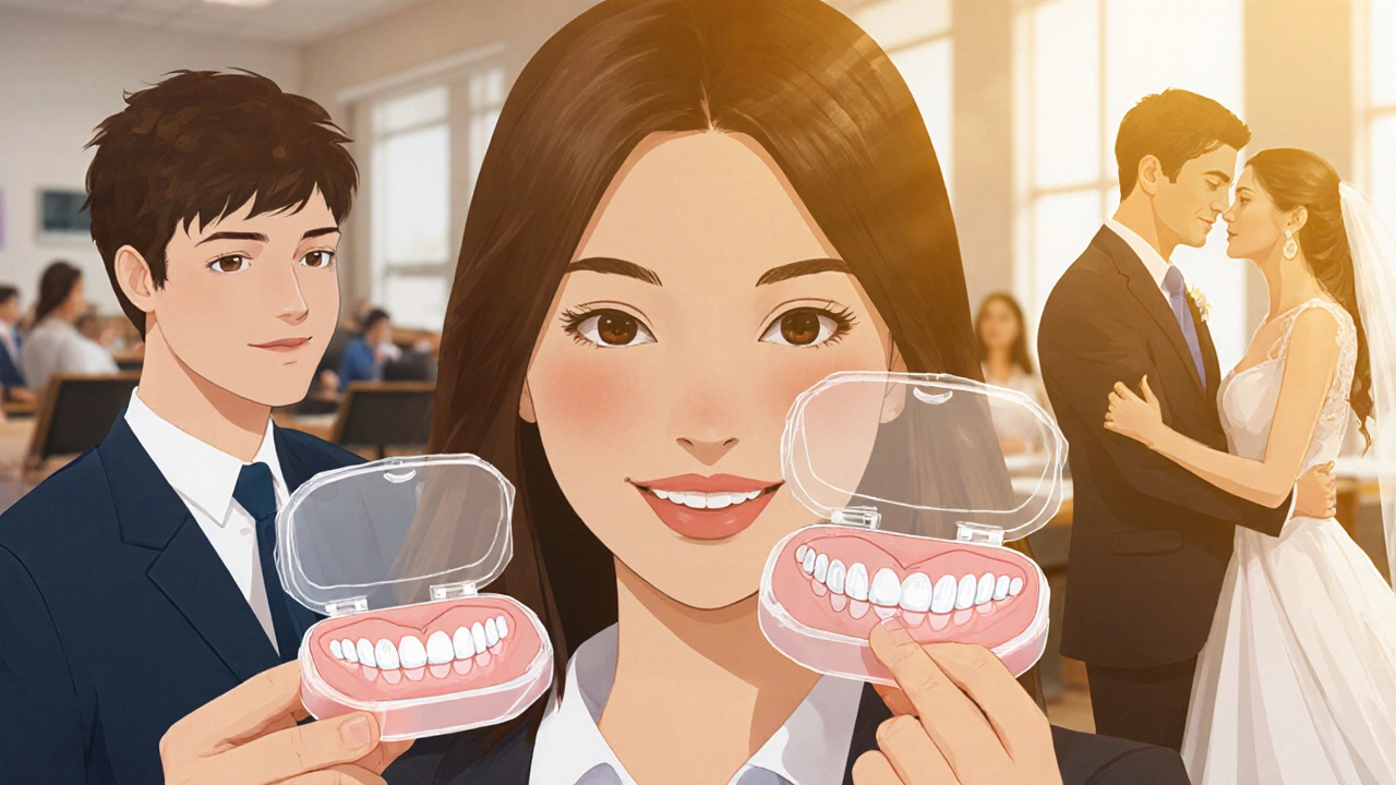 Různí lidé drží dočasné zuby v krabičkách před klíčovými životními okamžiky.