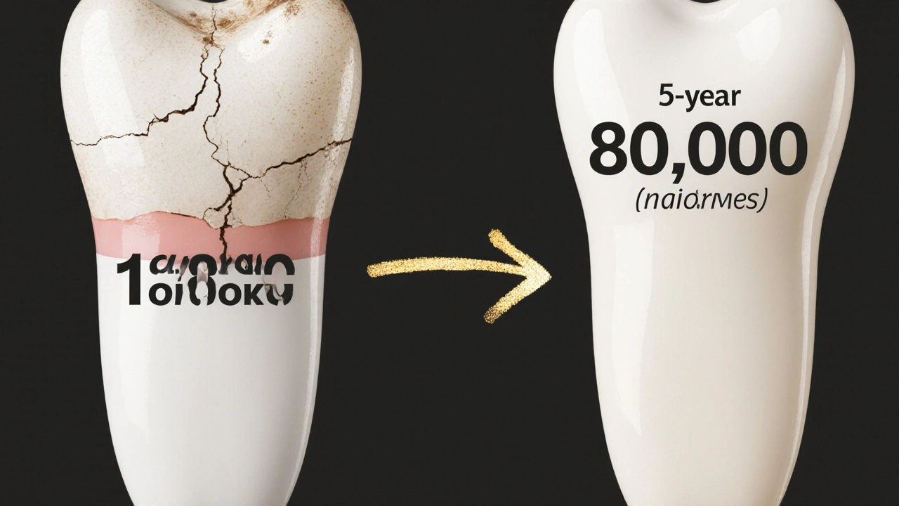 Side-by-side comparison of a damaged tooth and restored tooth with cost labels.