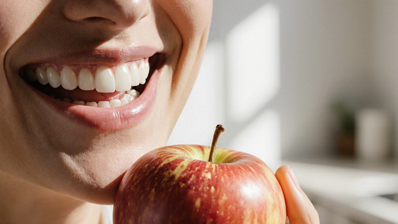 Šťastná pacientka žvýká jablko s novou korunkou na implantátu.
