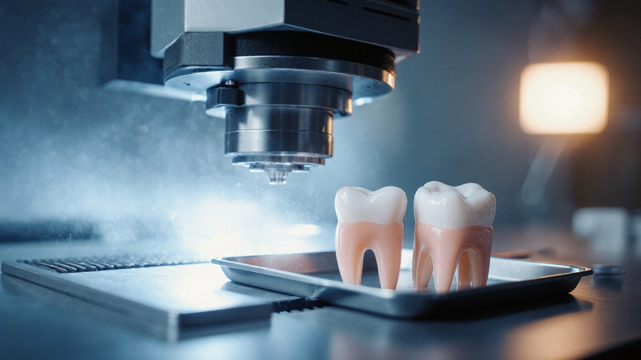 Technik v laboratoři vyrábí zirkoniovou fazetu u CNC stroje.