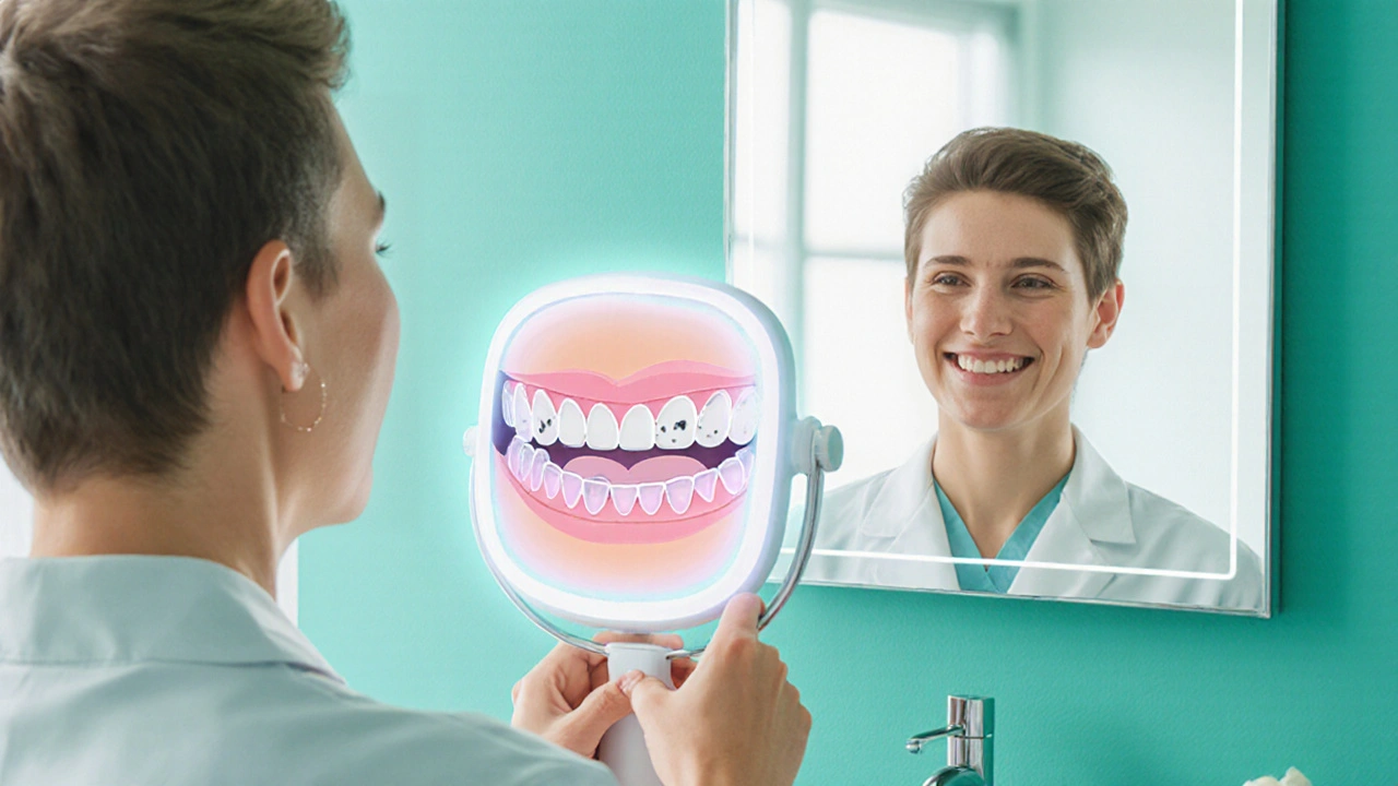 Úsměvná osoba kontroluje zuby dentálním zrcátkem, dentista sleduje v pozadí.
