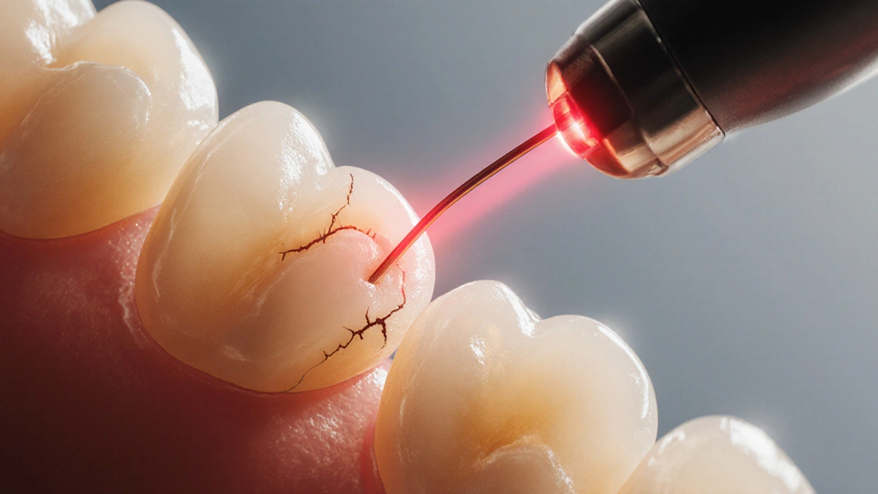 Záběr na incisor, kde červený laser vytváří mikrotrhlinky v sklíčku pod ortodontickým drátem.