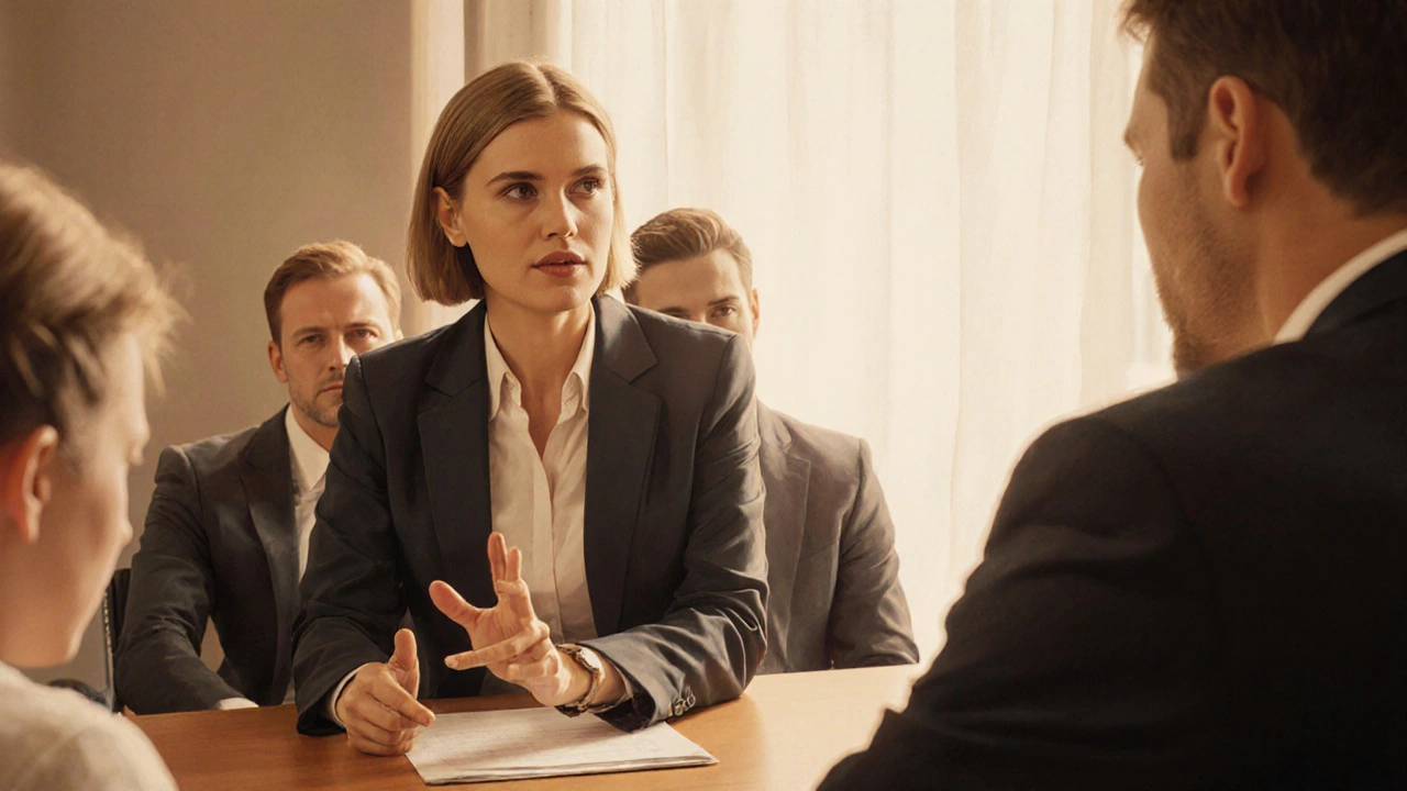 Žena mluví na schůzce, rty přitisknuté, kolegové ji pozorně poslouchají.