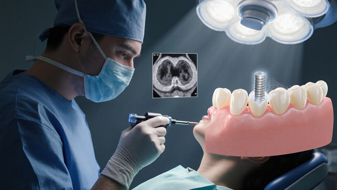 Zubní chirurg zavádí implantát do čelisti, pacient leží v operačním světle.