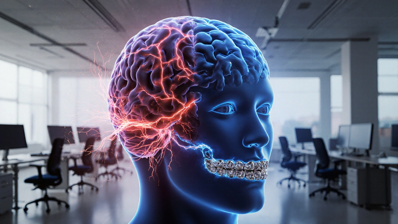 Abstraktní obrázek mozku s přetíženými nervovými cestami způsobenými rovnátky.