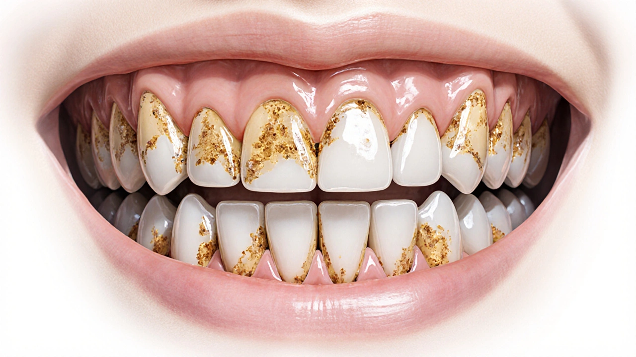 Čelist s premoláry a moláry ukazujícími hluboké brázdy a vnitřní korozi.