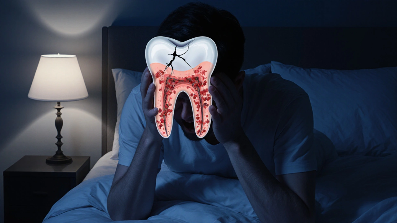 Člověk drží tvář v bolesti v noci, s viditelnými skrytými problémy v zubech.