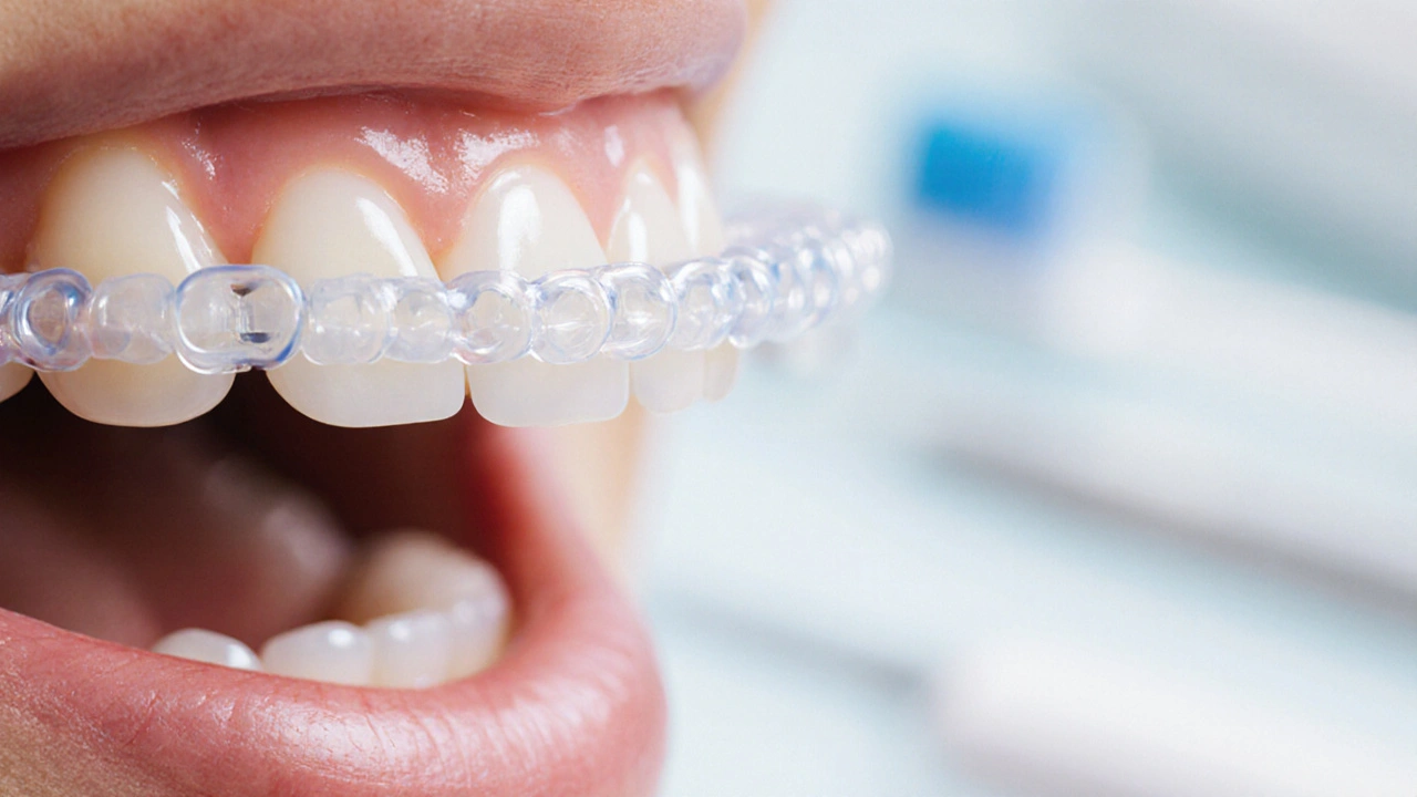 Detailní záběr gumiček na rovnátka napnutých mezi horními a dolními zuby, s jemným světlem a ortodontickými nástroji na pozadí.