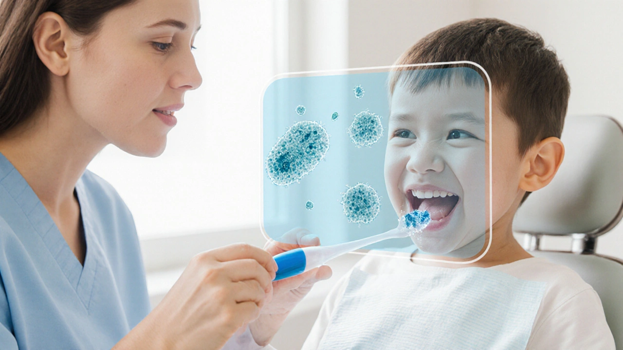 Dítě s nově vyrůstajícími trvalými moláry, rodič aplikuje sealant, teplé osvětlení a důvěrná atmosféra.