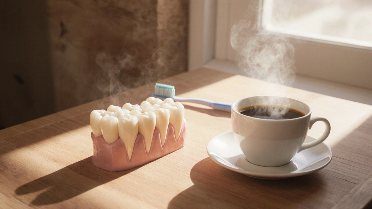 Dokončený kompozitní onlay na zubě s kávou a kartáčkem v pozadí, 24 hodin po proceduře.