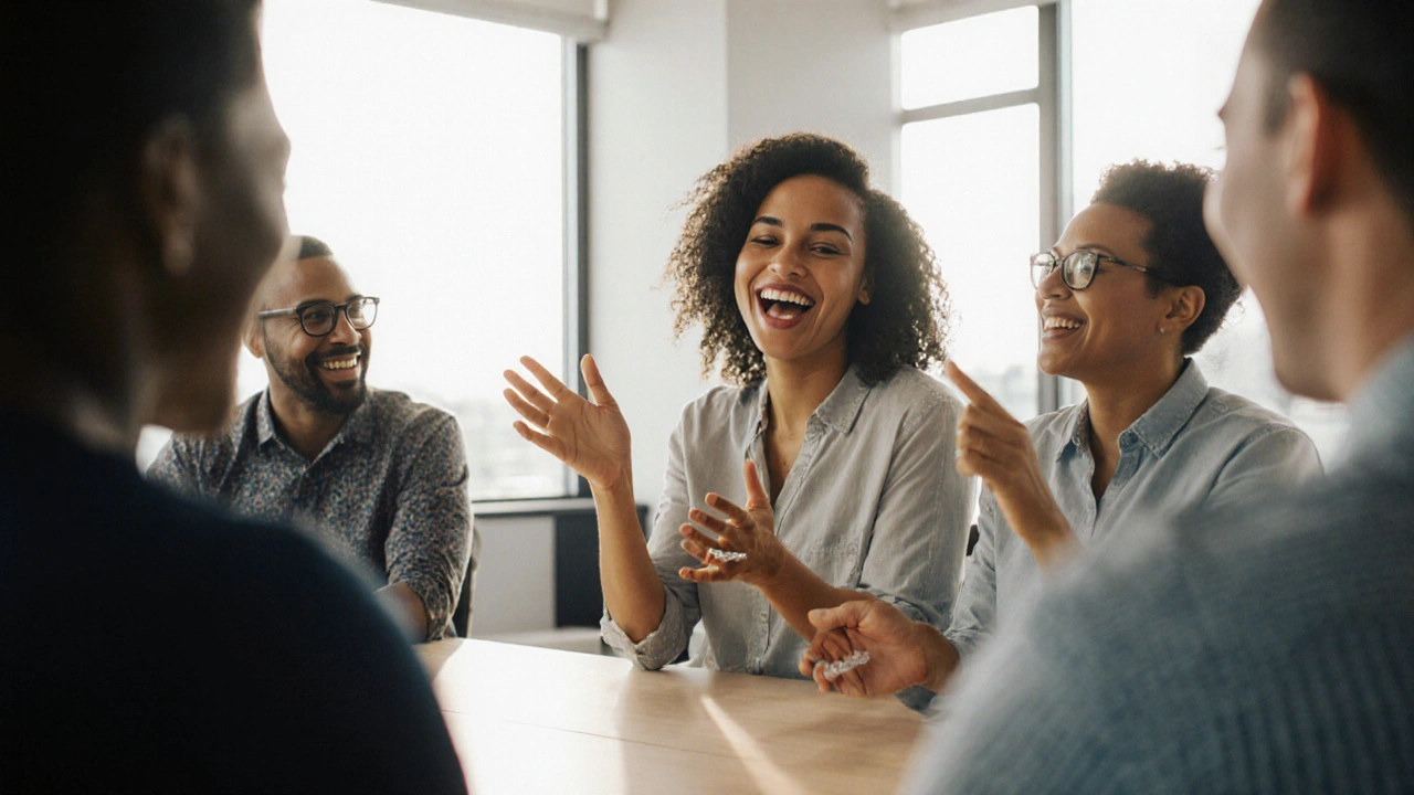 Dospělí lidé se smějí a mluví na schůzce, všichni se cítí svobodně a sebejistě.