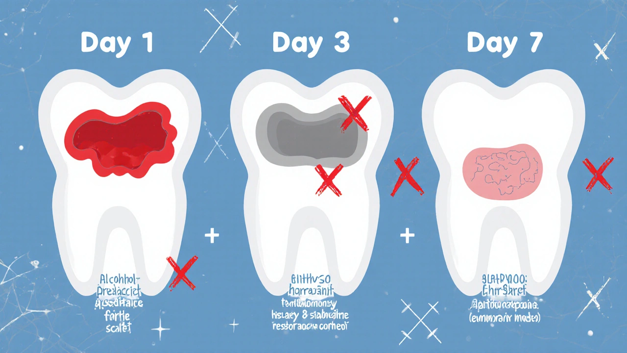 Ilustrace vývoje sraženiny a nové kosti po extrakci zubu s vyznačenými nebezpečnými látkami.
