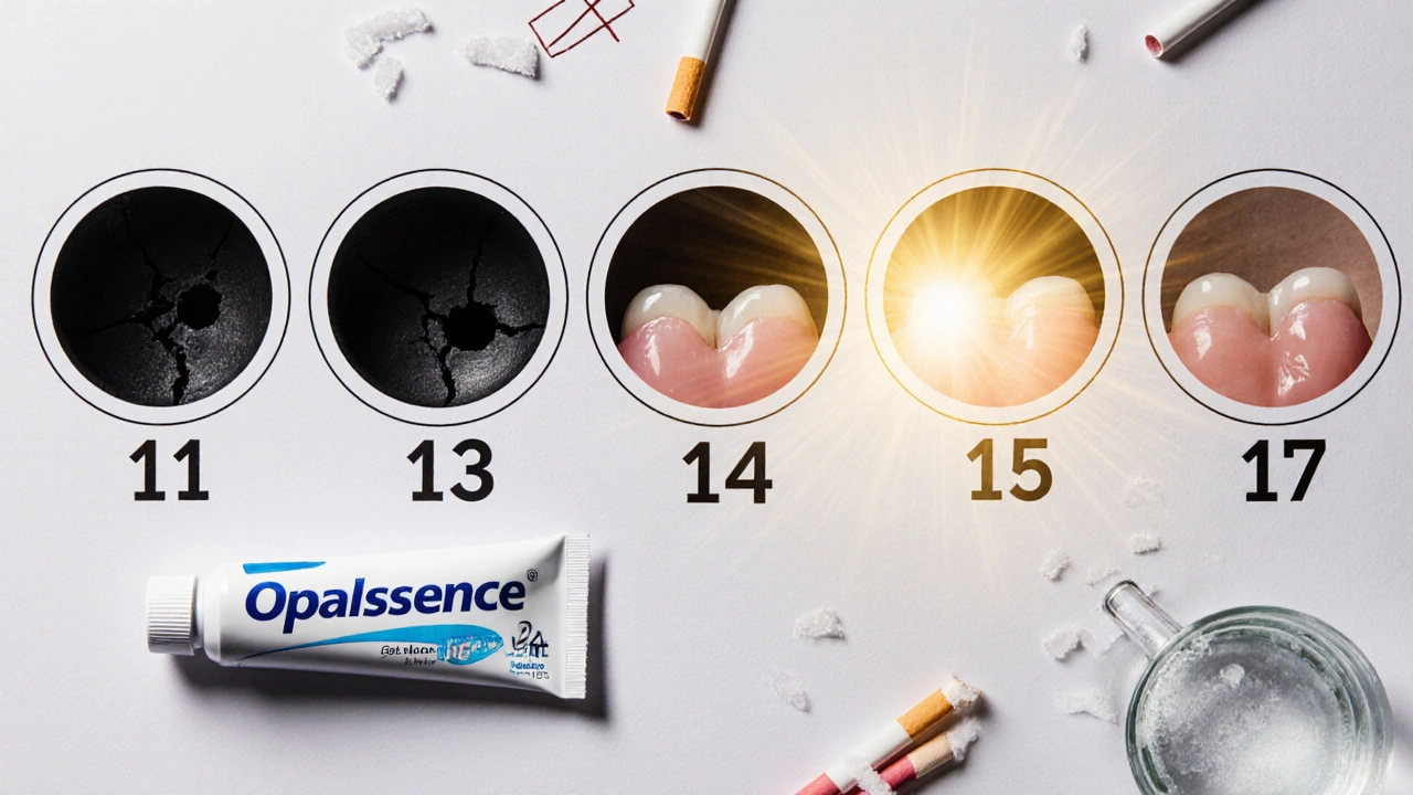 Kalendář znázorňující hojení suchého lůžka během 14 dní s bělicím gelom na pozadí.