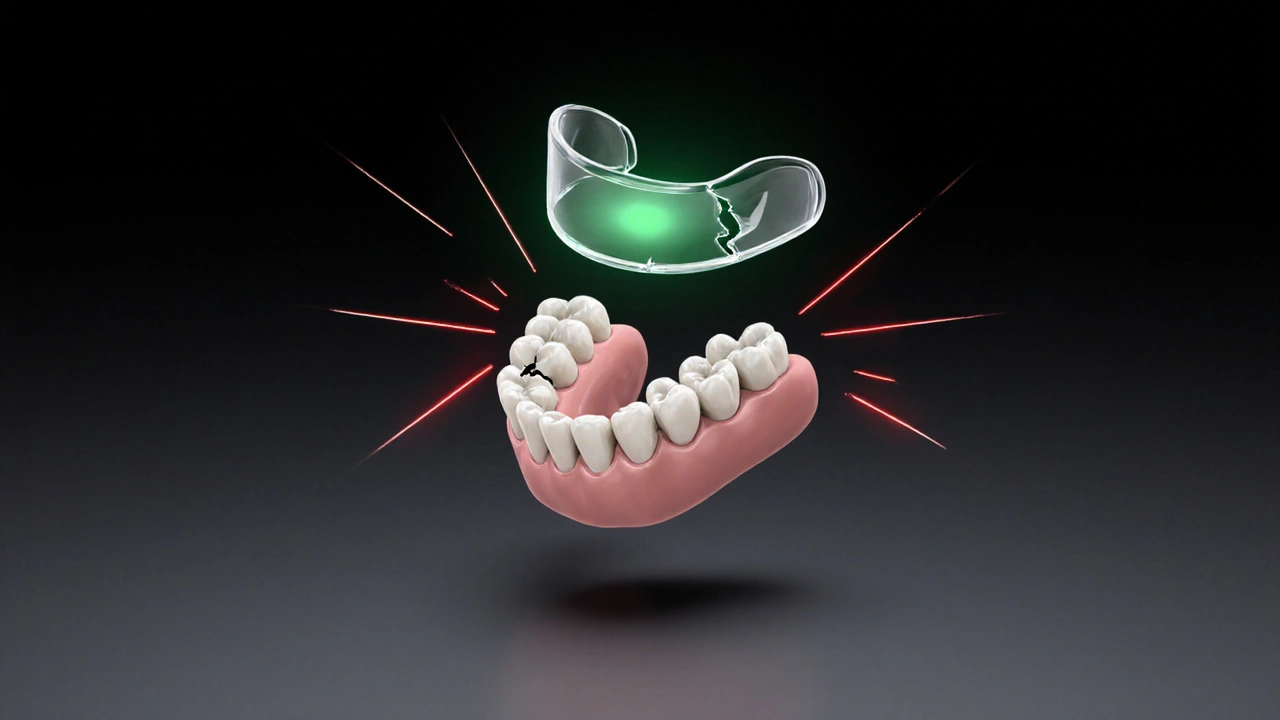 Keramická korunka s trhlinami a chránící noční štít nad ní jako ochranný štít.