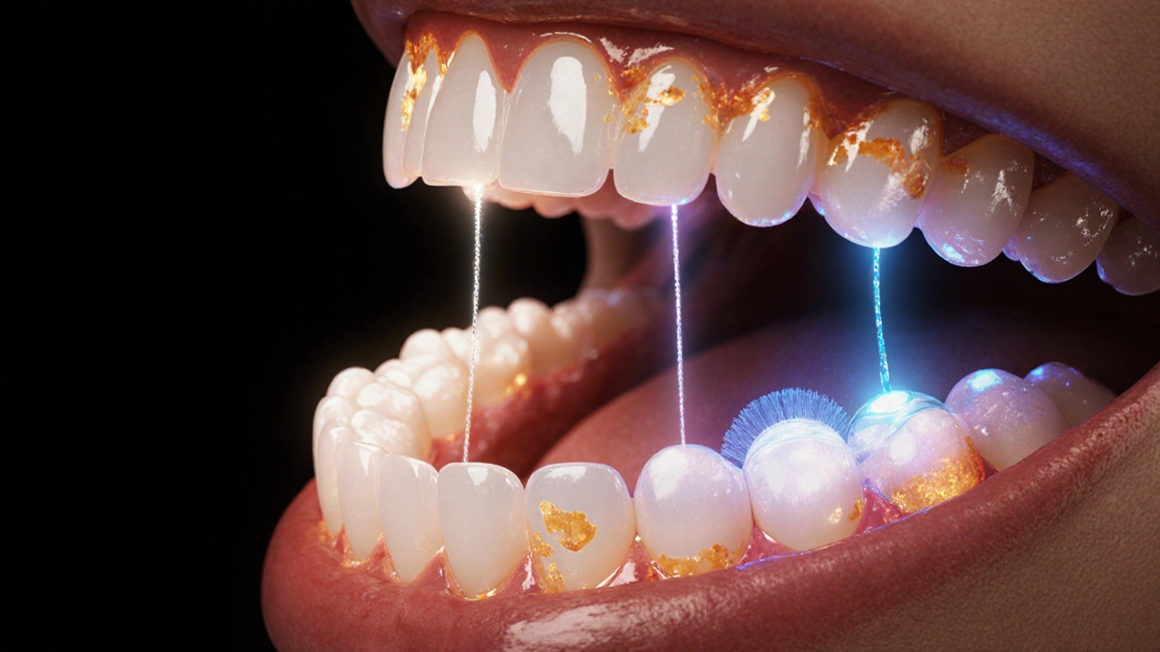 Koncepční obrázek tří nástrojů pro čištění mezi zuby.