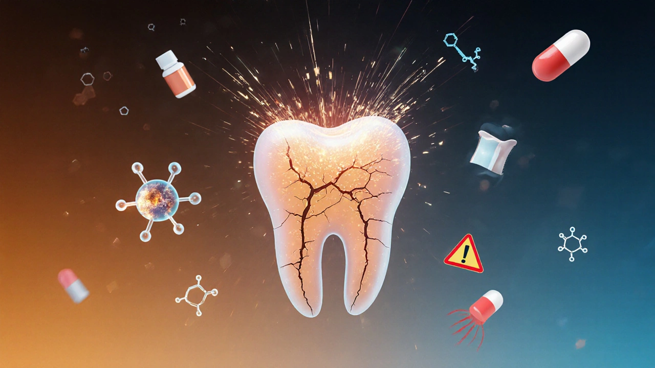 Koncepční obrázek zubu s mikrotrhlinami a výstupem vzduchu při změně tlaku, symboly prevence.