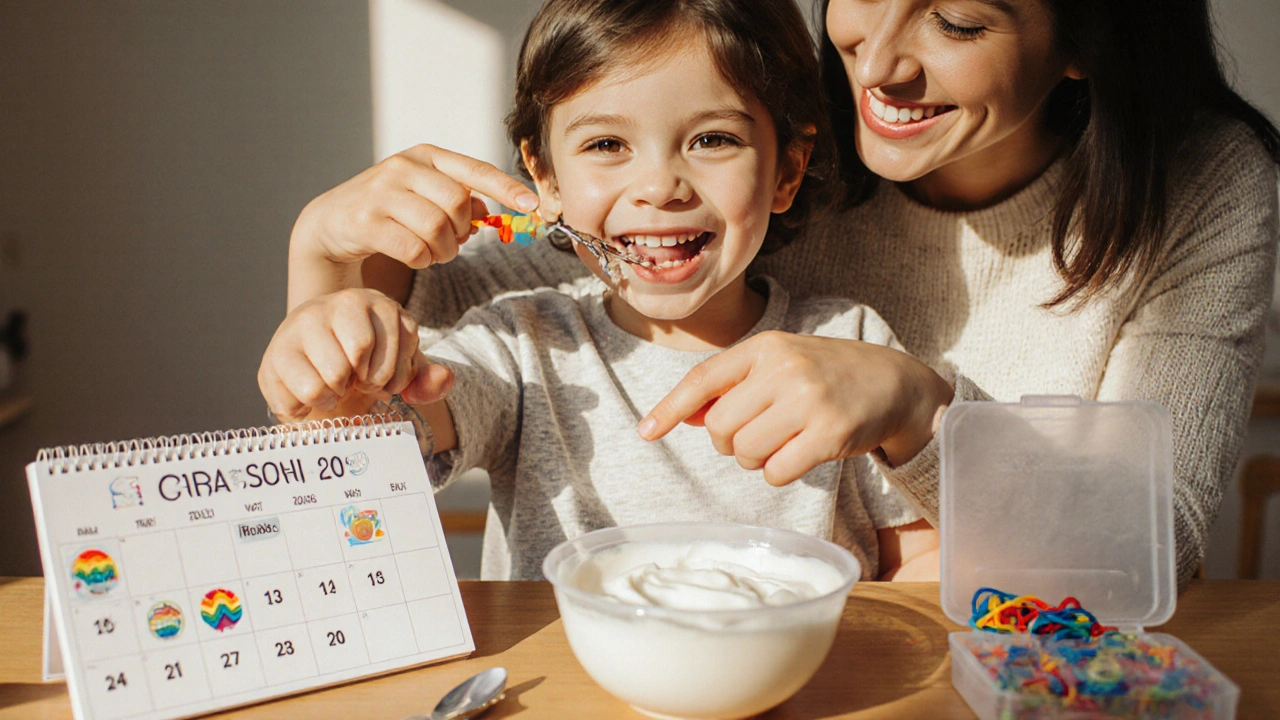 Matka a dítě společně u stolu, dítě ukazuje barevné gumičky, na stole je kalendář s nálepkami a mírné potraviny.
