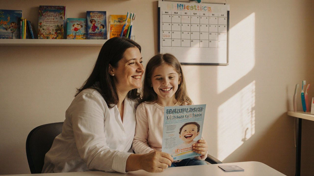 Matka s dítětem čekají na zubní prohlídku, na zdi je kalendář s označenými prohlídkami každých šesti měsíců.