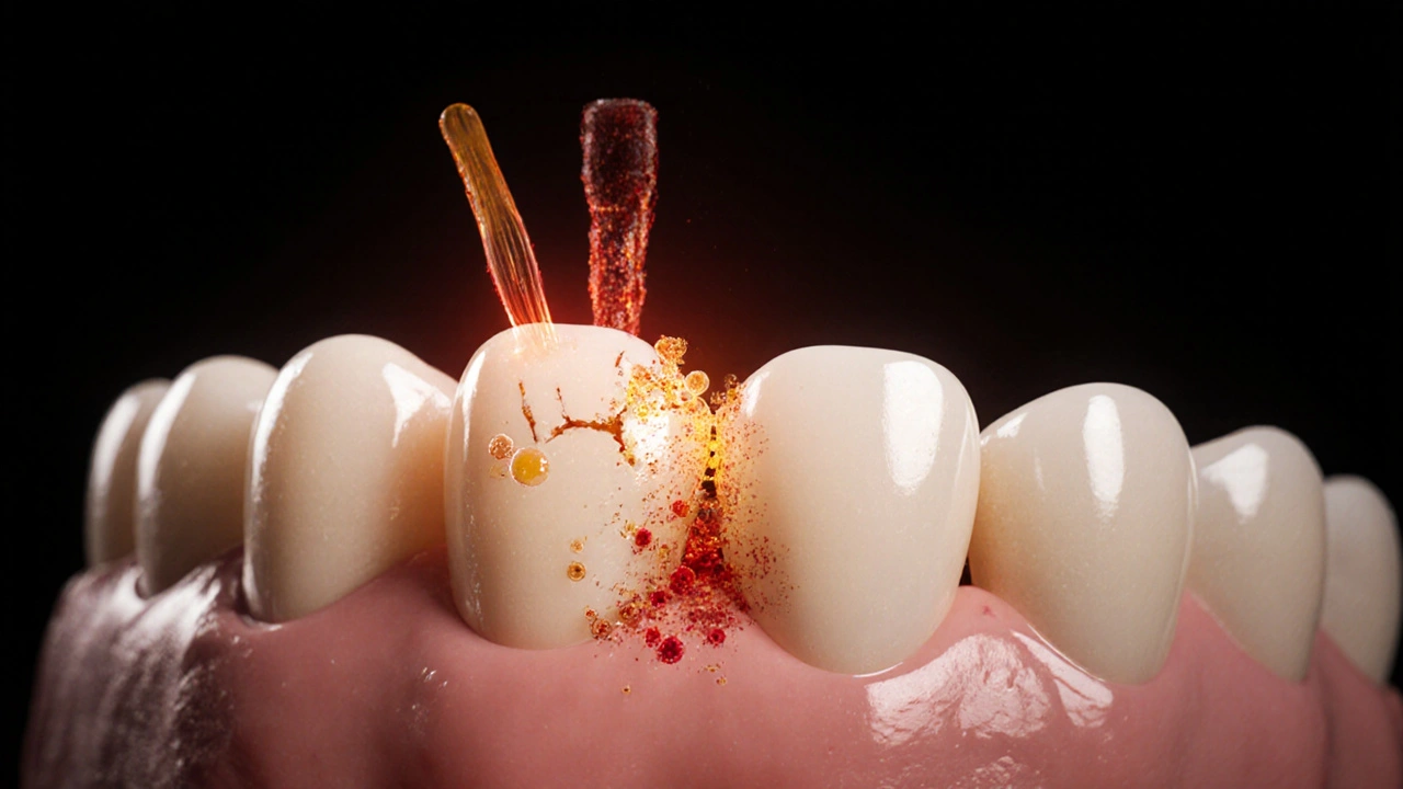 Mikroskopický pohled na mikrotrhliny a bakterie v předním zubu způsobené škrábaním zubů.