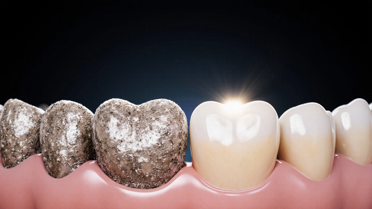 Mikroskopický pohled na zub s tvrdým kamenem na jedné straně a zdravou sklovinou na druhé.