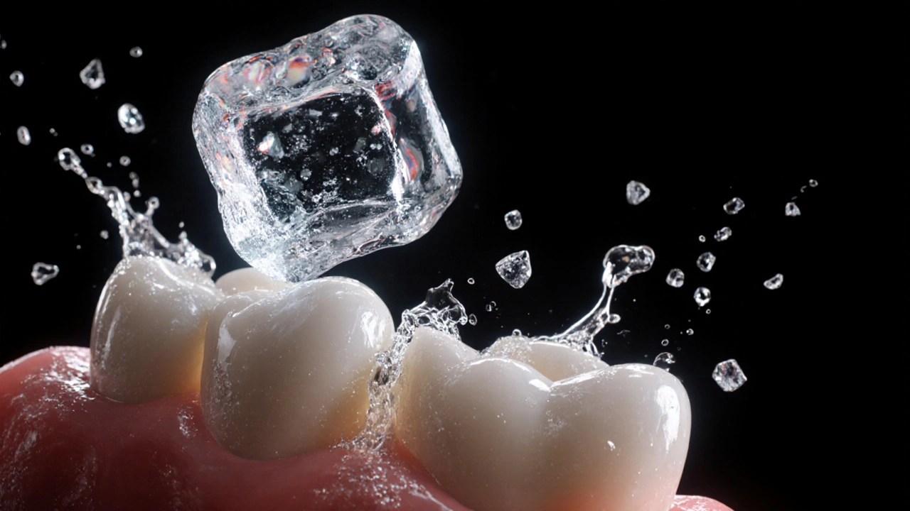 Molár rozštípnutý kouskem ledu, s kyselými kapkami a známkami remineralizace.