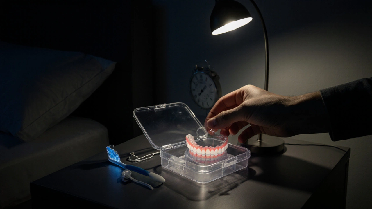 Neviditelná rovnátka uložená v čisté nádobě na noční stole.