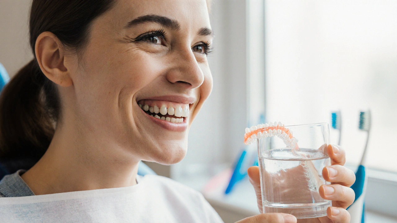 Osoba po odstranění rovnátek se usmívá, drží retenci a sklenici vody, zuby jsou zdravé a čisté.