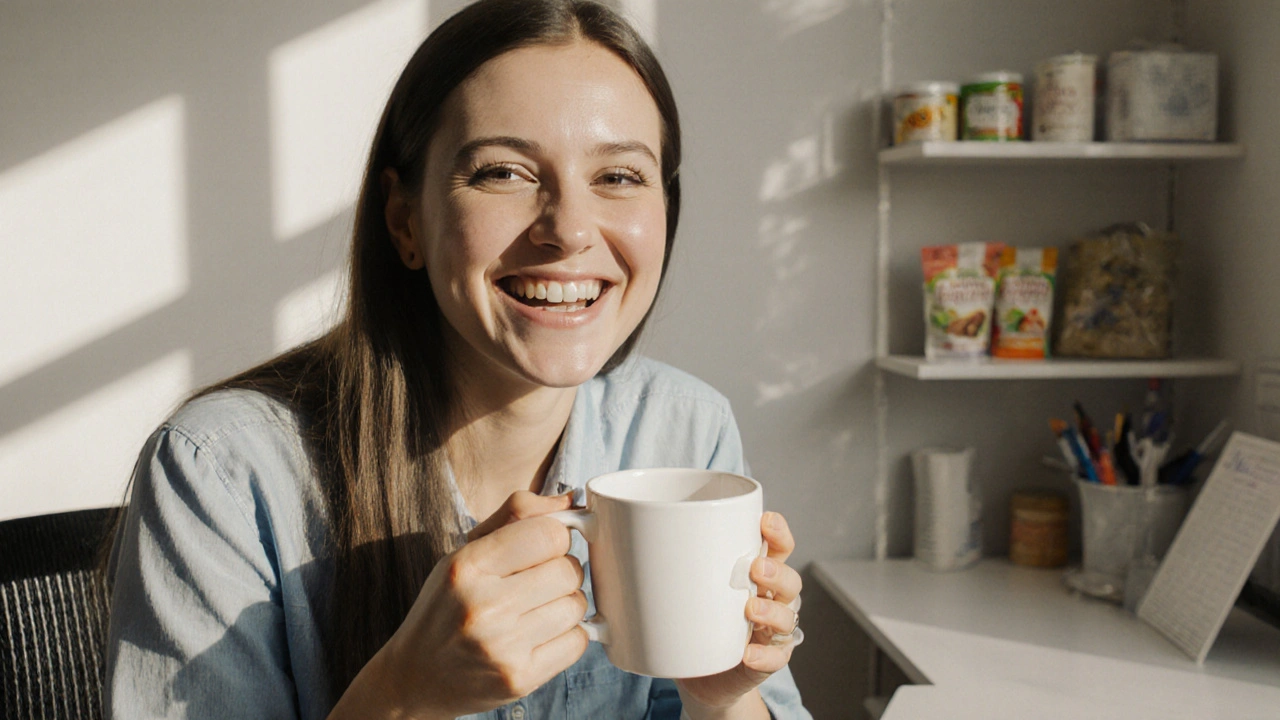 Osoba s rovnátky klidně pracuje v kanceláři, vypadá sebejistě a v klidu.