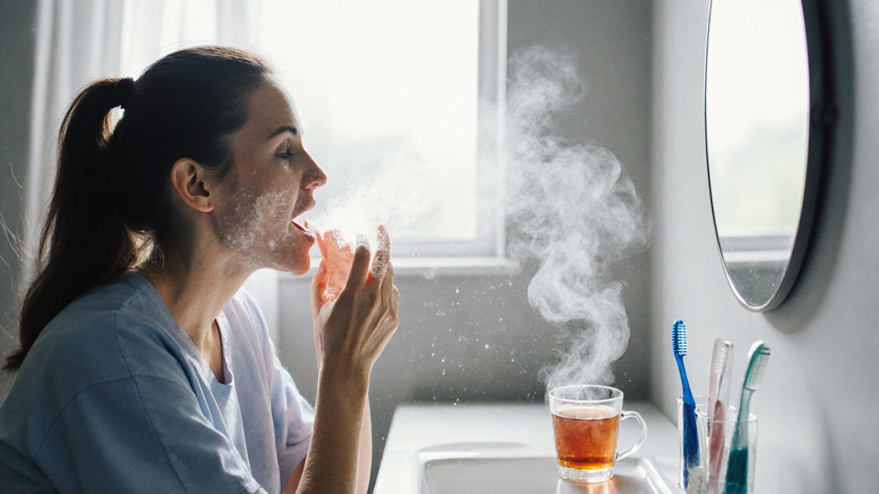 Pacient pláchnoucí ústa solným roztokem v klidné koupelně