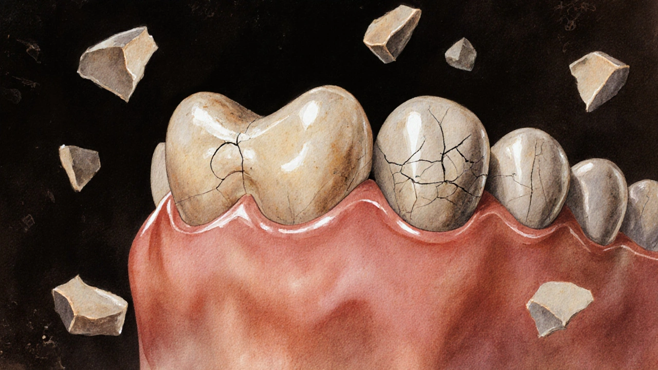 Porovnání přirozeného zubu a keramické korunky s následky tření zubů v noci.