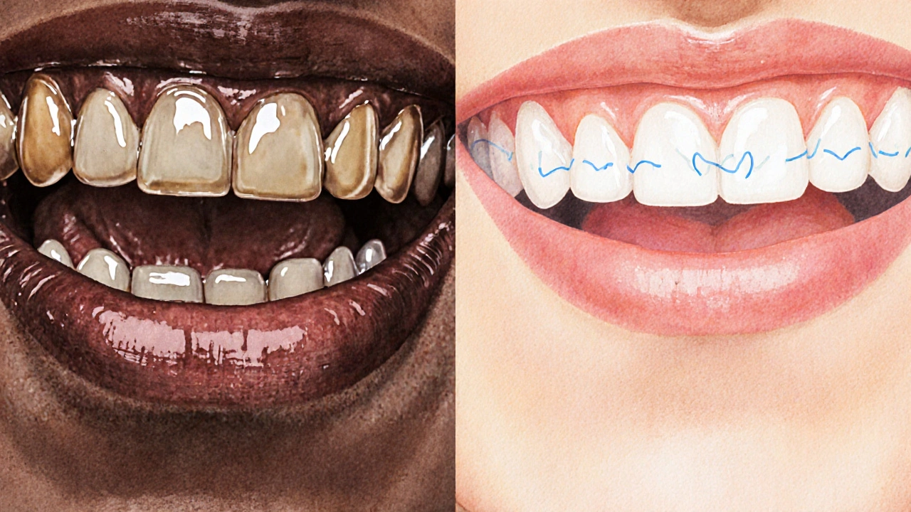 Porovnání tmavých a vybělených zubů s vizi chemického rozkladu pigmentů.