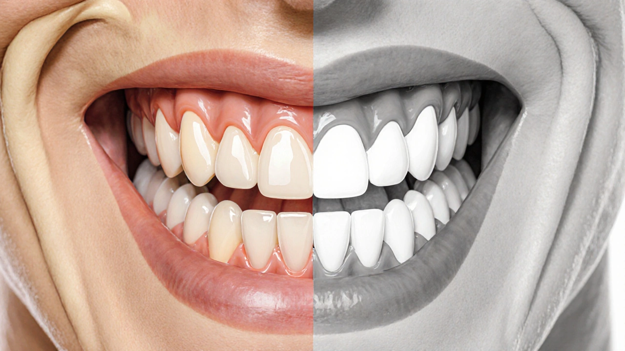 Porovnání zdravé a atrofické čelisti pod protézou.