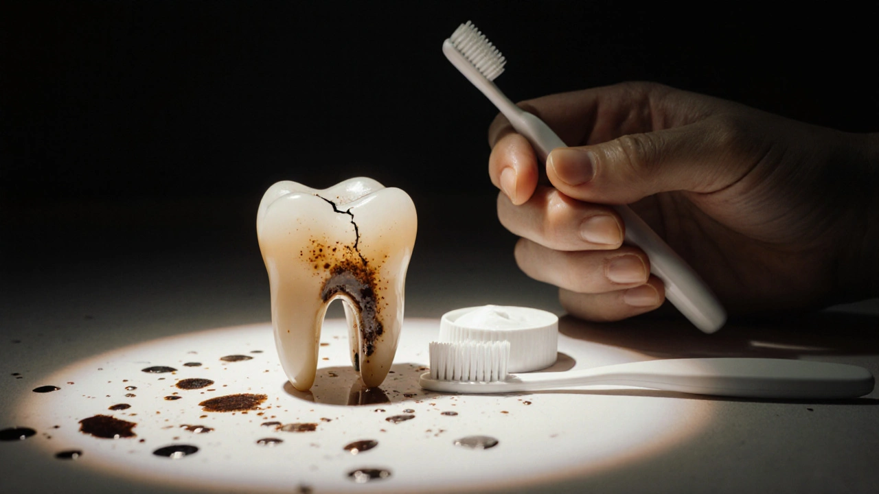 Poškozená plomba s tmavými skvrnami od nápojů, vedle ní jemný štětec a pasta pro citlivé zuby.