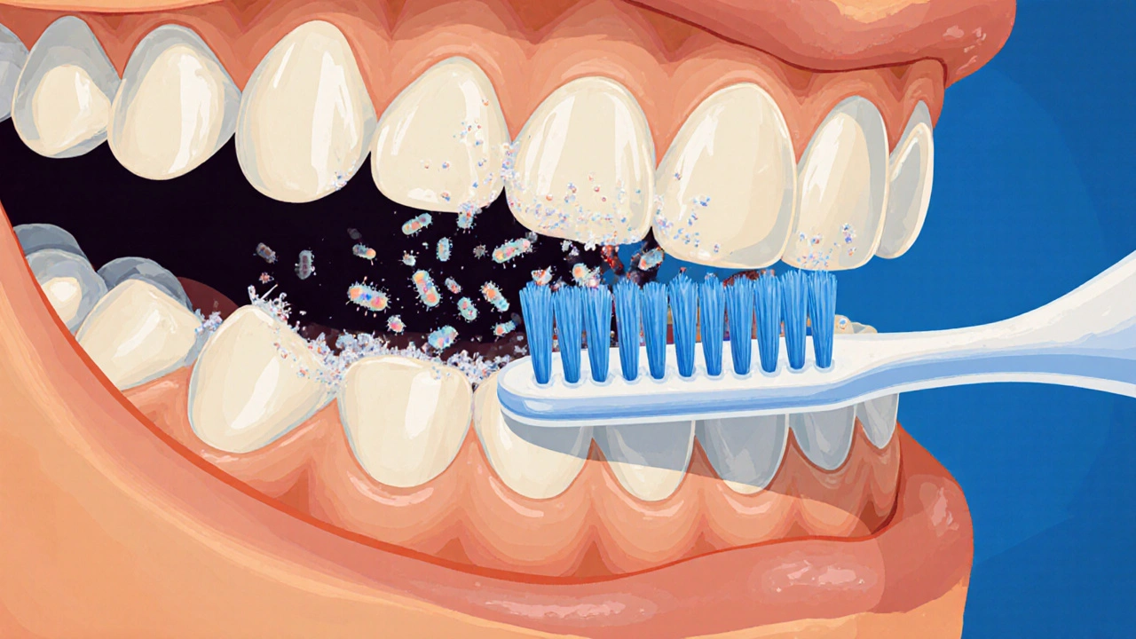 Přehled plaku mezi zuby a mezizubní kartáček jej odstraňuje.