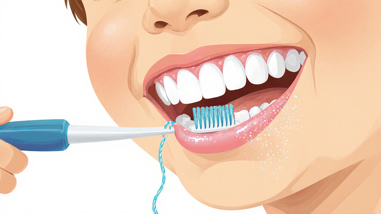 Přehled úst dítěte s plakem měnícím se v kámen, kartáček a nit odstraňují znečištění.