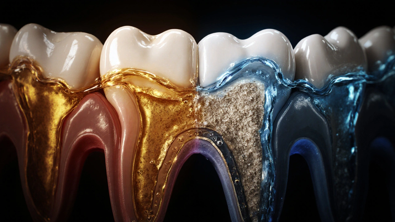 Přehledový náčrt zubní skloviny, jak ji kyselina ničí a slina obnovuje.