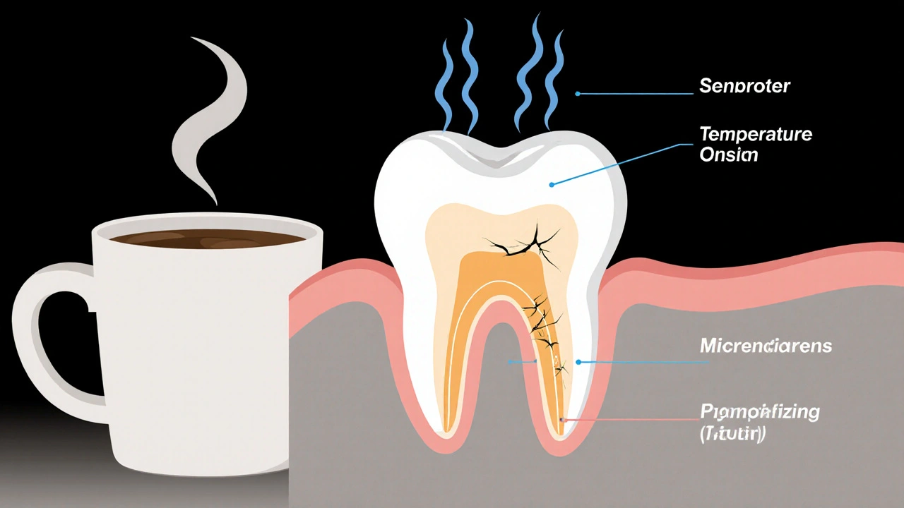Příčný řez zubem s kompozitním onlayem ukazující proces polymerizace a tepelné zatížení.