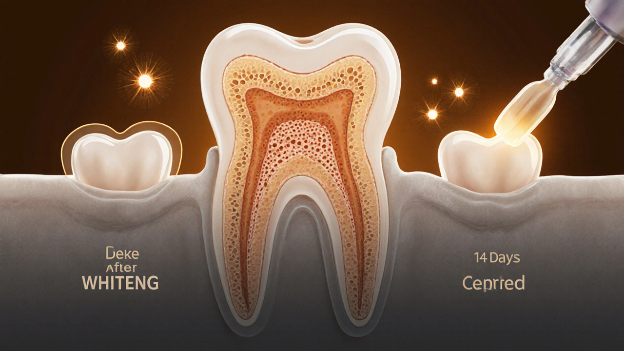 Příčný řez zubem s mikropóry po bělení a časovou osou stabilizace povrchu.
