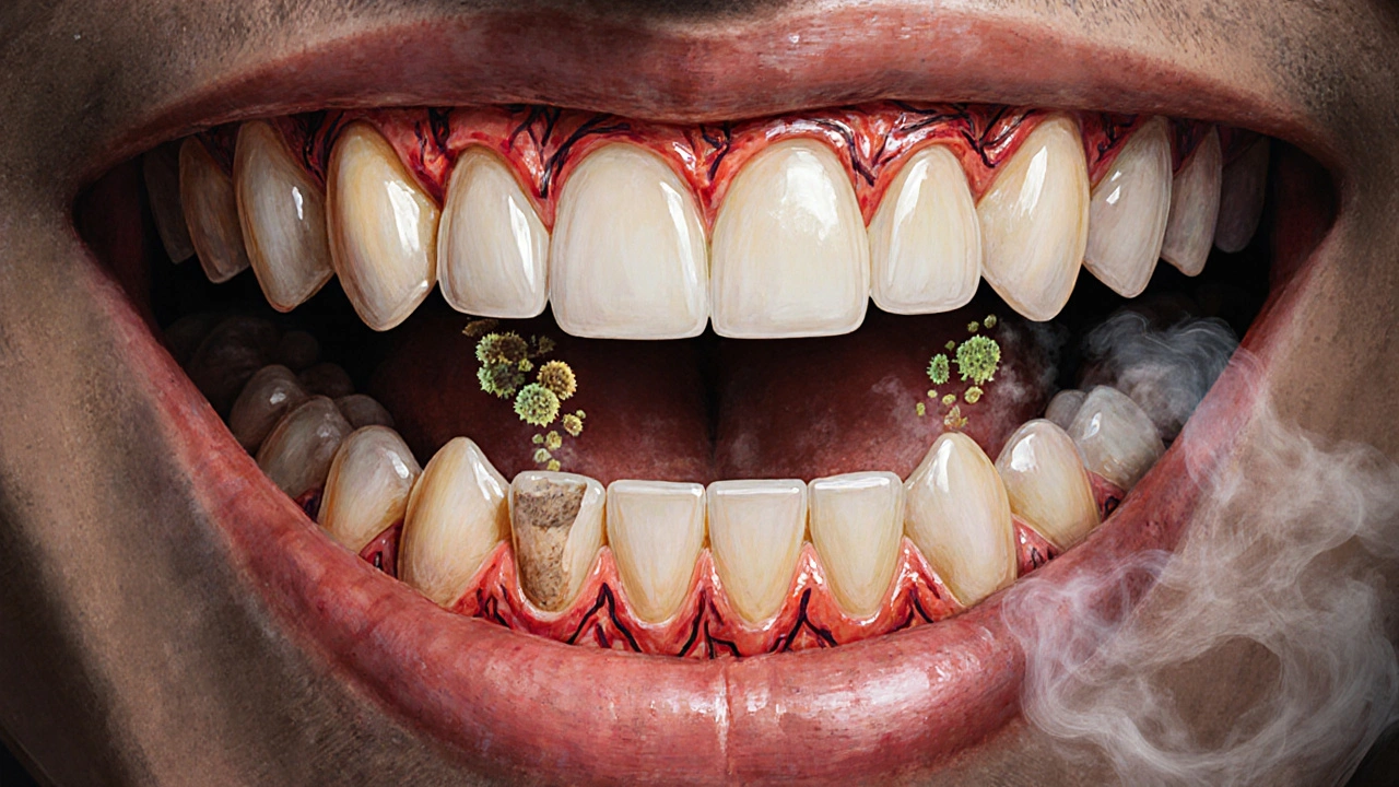 Průřez ústní dutiny ukazující snížený krevní oběh a bakterie v mezích zubů u kuřáka