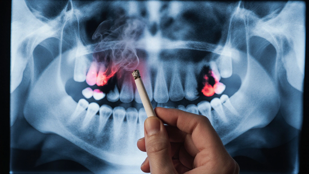 Rentgen zubů s viditelnými kazemi a kouřem, který se mění v poškozené dásně