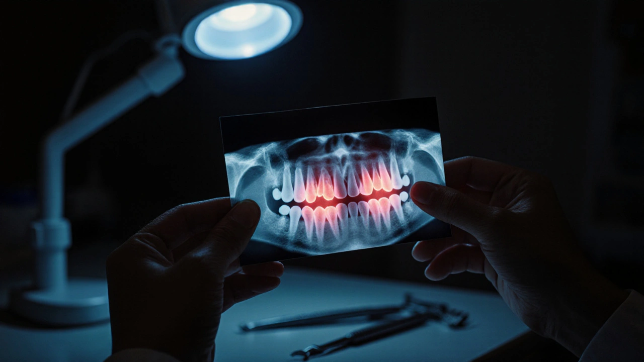 Rentgenový snímek s ukrytým kazem pod plombou a mezi zuby.