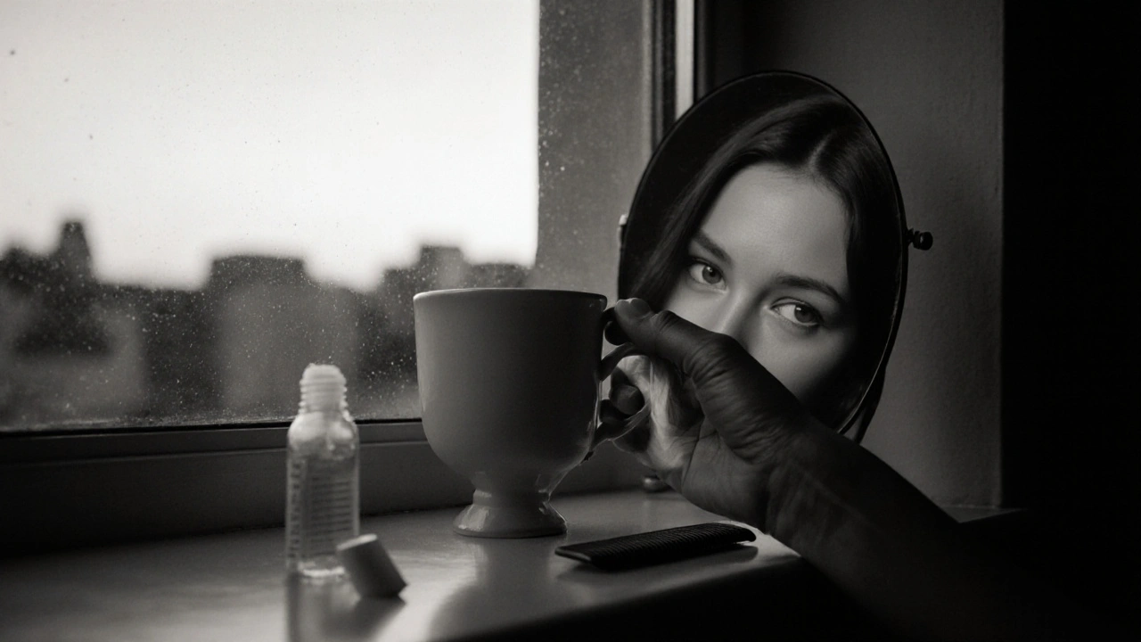 Ruka drží šálek čaje u okna, v zrcadle jsou vidět jen oči – klid, ne kritika.